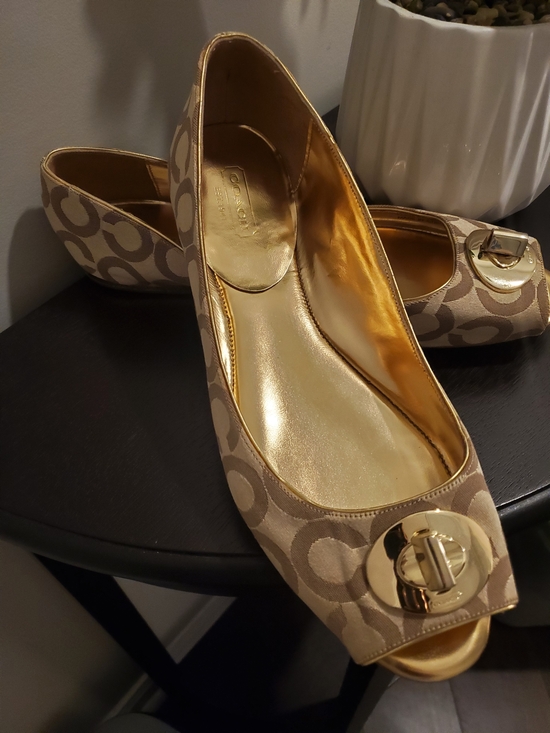 Coach Shoes - Coach Beige Signature Peep-Toe Flats with Gold Hardware
